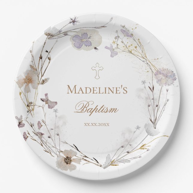 delicate wildflowers wreath Baptism  Paper Plates (Front)