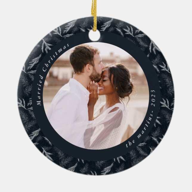 Delicate Winter Botanical Married Christmas Photo Ceramic Ornament (Back)