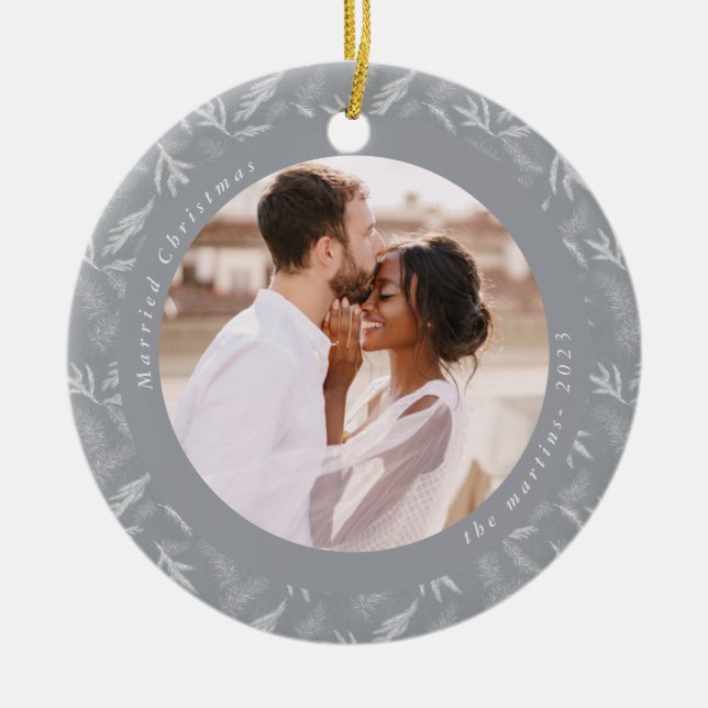 Delicate Winter Botanical Married Christmas Photo Ceramic Ornament (Front)