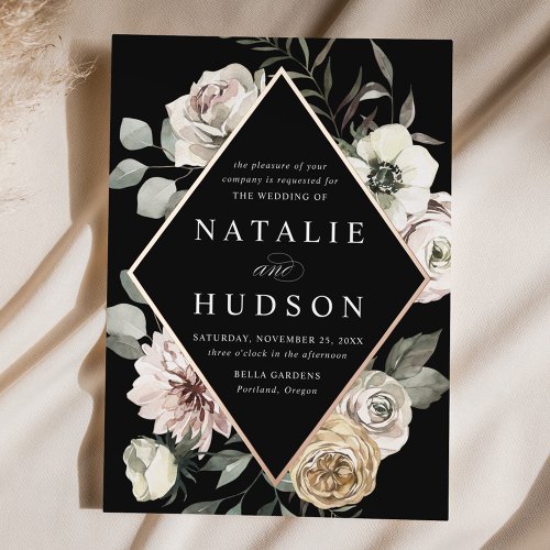 Delicate Winter Floral Frame Black Wedding Foil Invitation