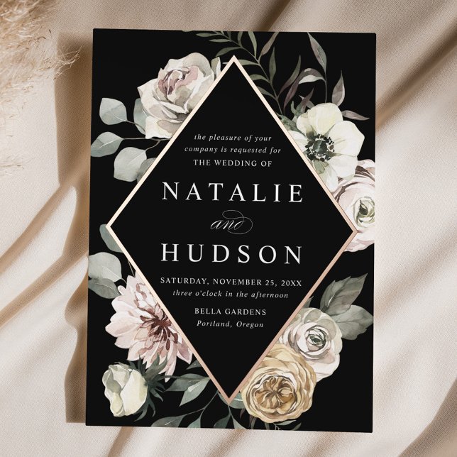 Delicate Winter Floral Frame Black Wedding Foil Invitation (Creator Uploaded)