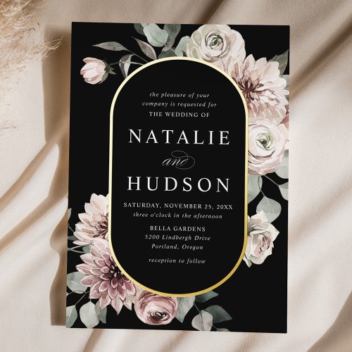 Delicate Winter Floral Frame Black Wedding Foil Invitation