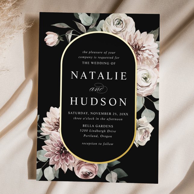 Delicate Winter Floral Frame Black Wedding Foil Invitation (Creator Uploaded)