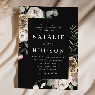 Delicate Winter Floral Frame Black Wedding Invitation