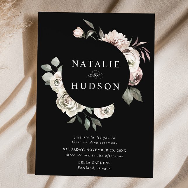 Delicate Winter Floral Frame Black Wedding Invitation (Creator Uploaded)