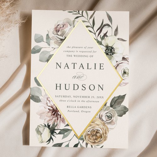 Delicate Winter Floral Frame Ivory Wedding Foil Invitation