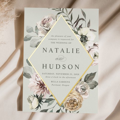 Delicate Winter Floral Frame Sage Green Wedding Foil Invitation