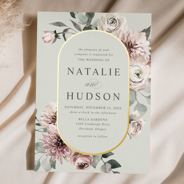 Delicate Winter Floral Frame Sage Green Wedding Foil Invitation (Creator Uploaded)