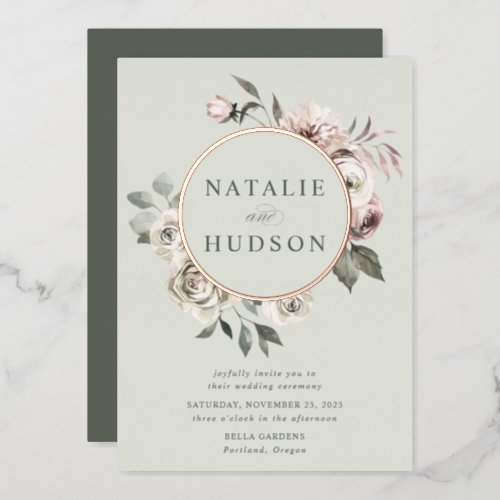Delicate Winter Floral Frame Wedding Foil Invitation