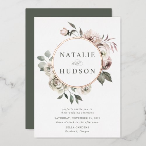Delicate Winter Floral Frame Wedding Foil Invitation