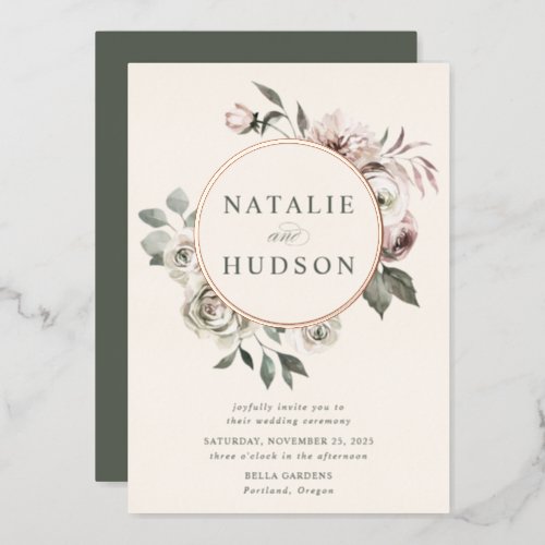 Delicate Winter Floral Frame Wedding  Foil Invitation