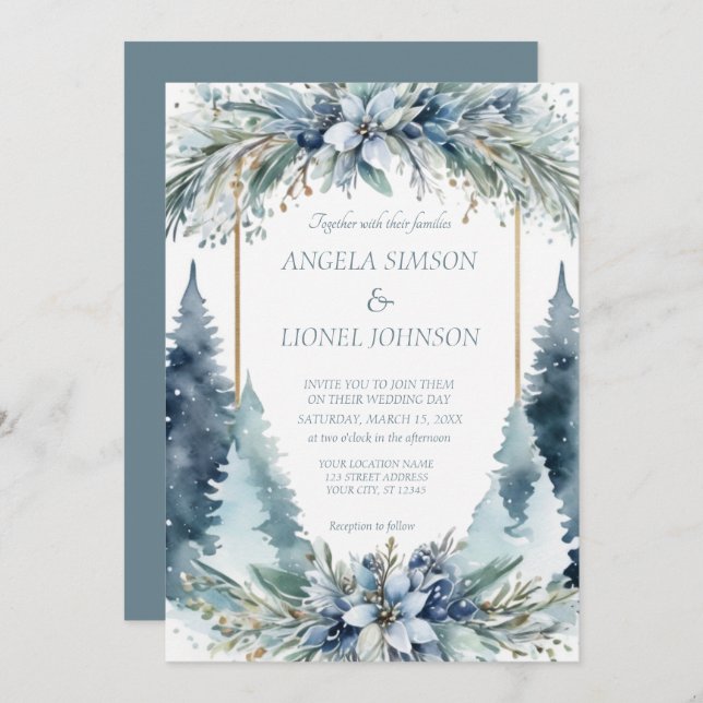 Delicate Winter Flowers Pine Trees Wedding Invitation (Front/Back)