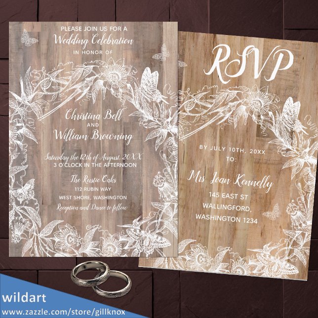 DELICATE Wreath White Butterfly Wood Wedding RSVP  Invitation (Creator Uploaded)