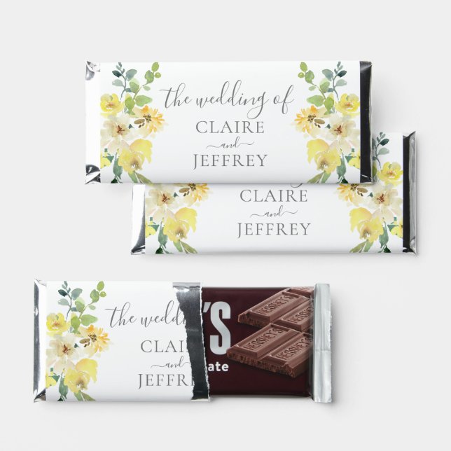 Delicate Yellow Floral Personalized Wedding Hershey Bar Favors (Front)