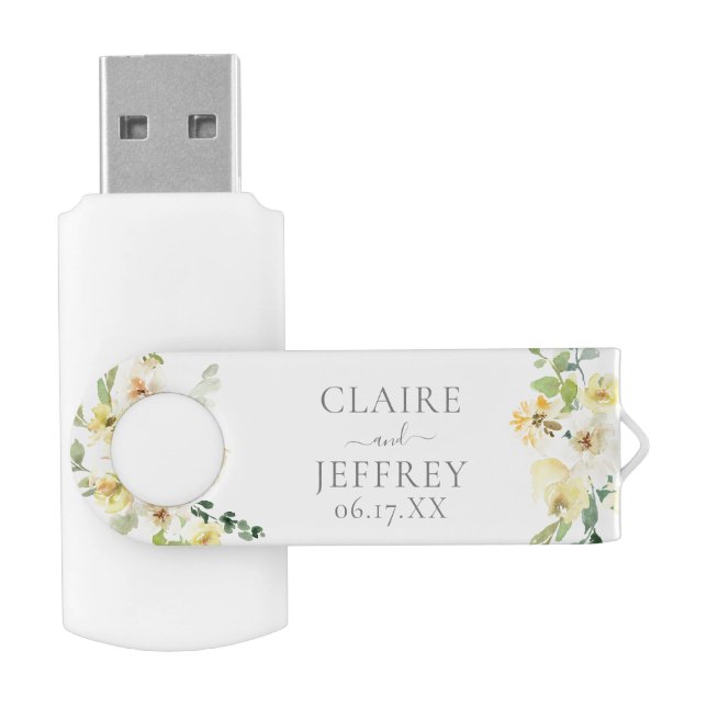 Delicate Yellow Floral Sage Green Custom Wedding Flash Drive (Opened)