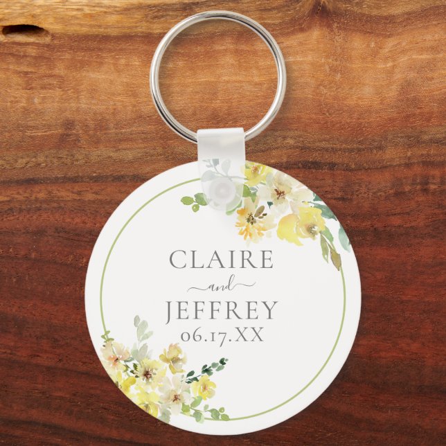Delicate Yellow Floral Sage Green Custom Wedding Keychain (Front)