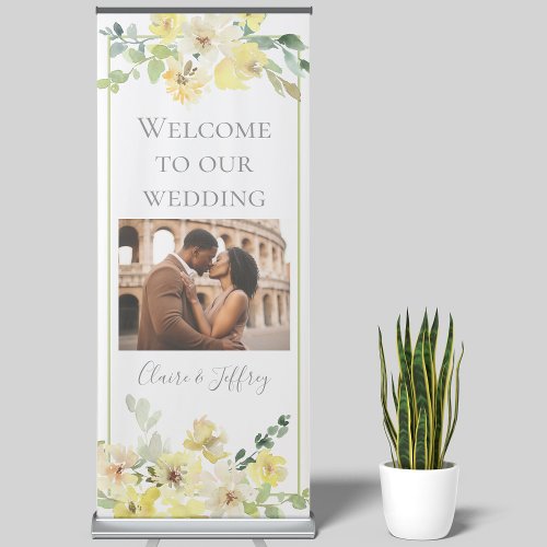 Delicate Yellow Floral Sage Green Photo Wedding Retractable Banner