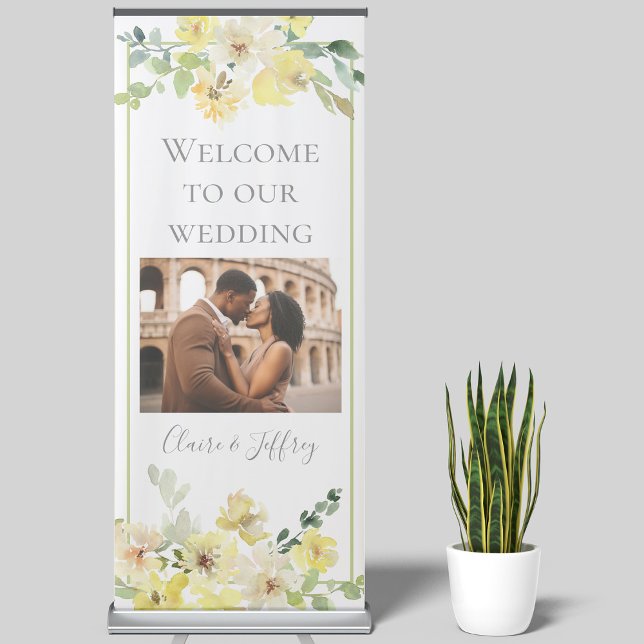 Delicate Yellow Floral Sage Green Photo Wedding Retractable Banner (Creator Uploaded)