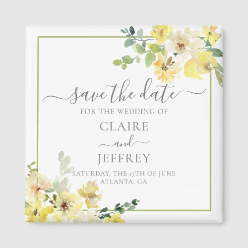 Delicate Yellow Floral Sage Green Save the Date Magnet