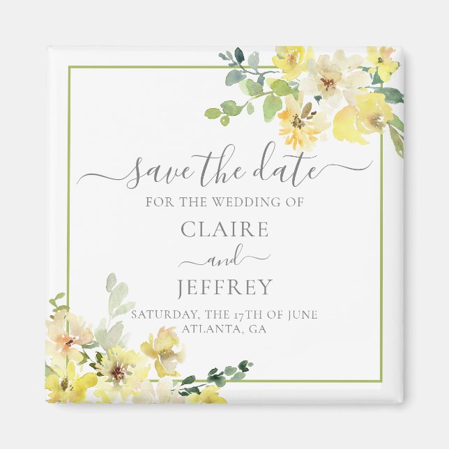 Delicate Yellow Floral Sage Green Save the Date Magnet (Front)