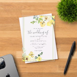 Delicate Yellow Floral Sage Green Summer Wedding Acrylic Invitations