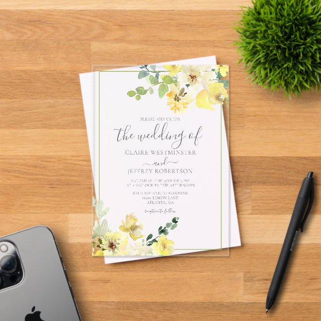 Delicate Yellow Floral Sage Green Summer Wedding Acrylic Invitations (Insitu (Invitation Card))