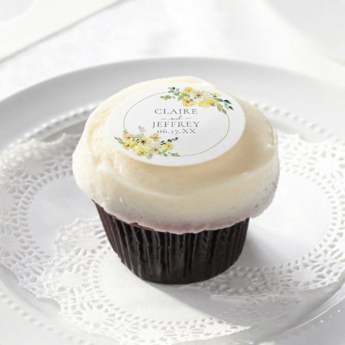 Delicate Yellow Floral Sage Green Summer Wedding Edible Frosting Rounds