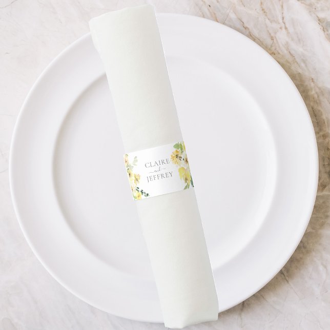 Delicate Yellow Floral Sage Green Summer Wedding Napkin Bands (Creator Uploaded)