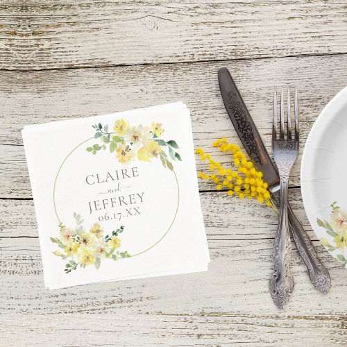 Delicate Yellow Floral Sage Green Summer Wedding Napkins