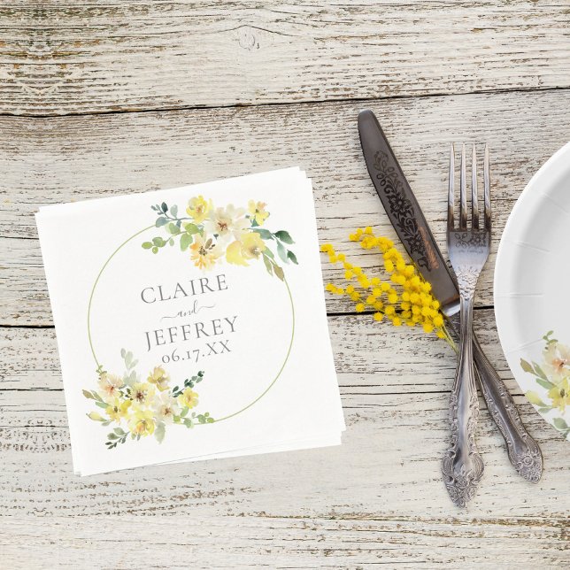 Delicate Yellow Floral Sage Green Summer Wedding Napkins (Creator Uploaded)