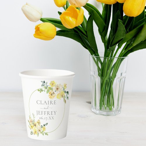 Delicate Yellow Floral Sage Green Summer Wedding Paper Cups