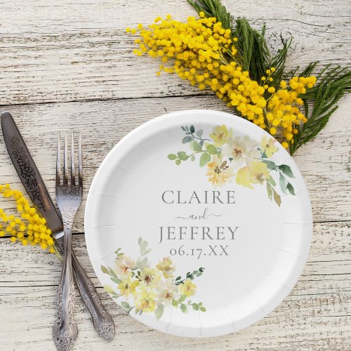 Delicate Yellow Floral Sage Green Summer Wedding Paper Plates