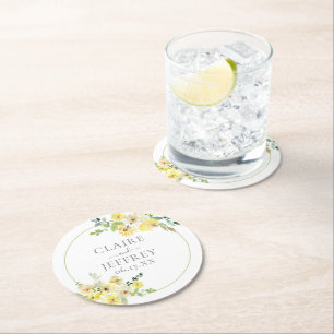 Delicate Yellow Floral Sage Green Summer Wedding Round Paper Coaster