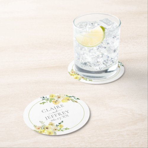 Delicate Yellow Floral Sage Green Summer Wedding Round Paper Coaster