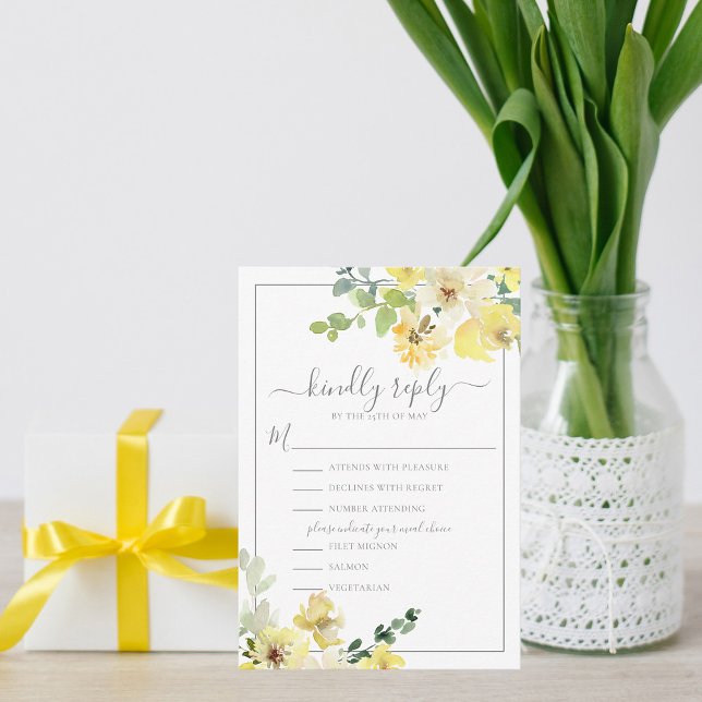 Delicate Yellow Floral Sage Green Summer Wedding RSVP Card (Creator Uploaded)
