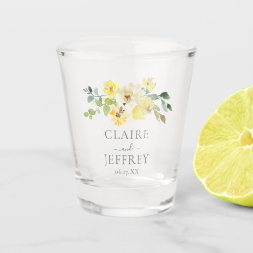 Delicate Yellow Floral Sage Green Summer Wedding Shot Glass