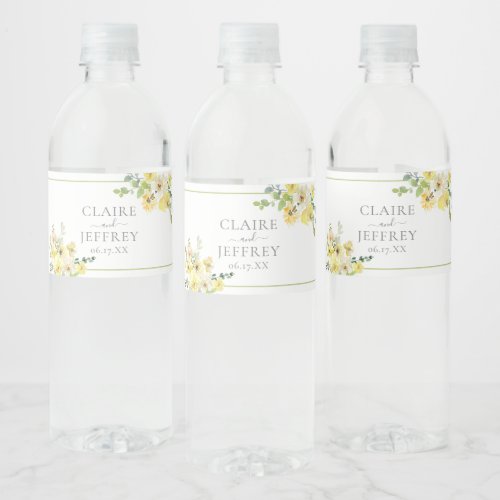 Delicate Yellow Floral Sage Green Summer Wedding Water Bottle Label