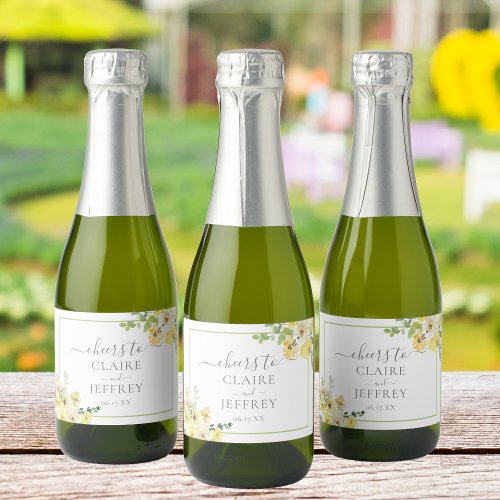 Delicate Yellow Floral Sage Green Wedding Mini Sparkling Wine Label