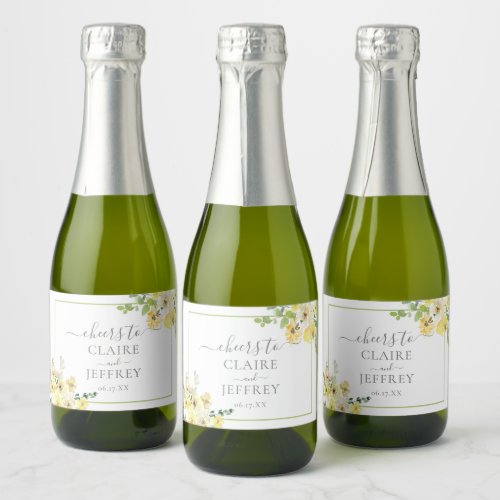 Delicate Yellow Floral Sage Green Wedding Mini Sparkling Wine Label