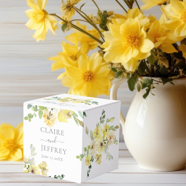 Delicate Yellow Floral Sage Green Wedding Square Favor Boxes (Creator Uploaded)