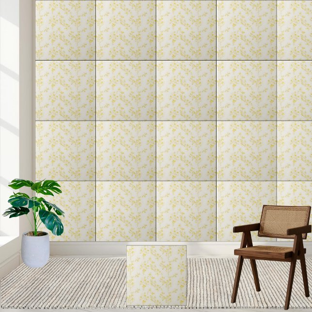 Delicate Yellow Forsythia Floral Pattern  Ceramic Tile (Delicate Yellow Forsythia Floral Pattern Ceramic Tile)