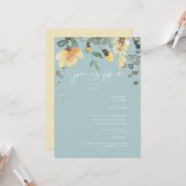 Delicate Yellow Peony Greenery Bridal Shower Invitation (Front/Back In Situ)