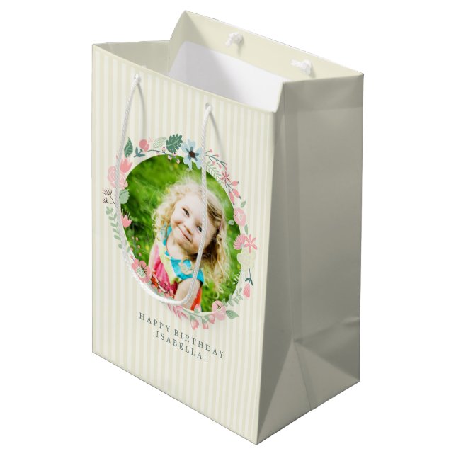 Delicate Yellow Stripes Photo Floral Frame Medium Gift Bag (Front Angled)