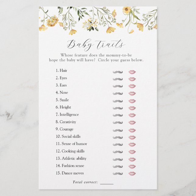 Delicate Yellow Wildflower Baby Traits Shower Game (Front)