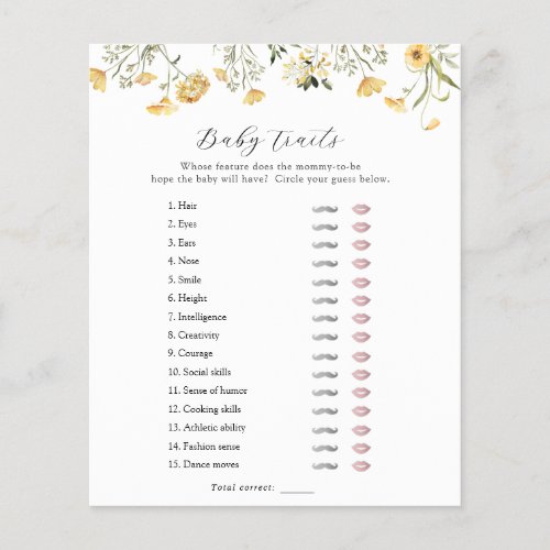 Delicate Yellow Wildflower Baby Traits Shower Game