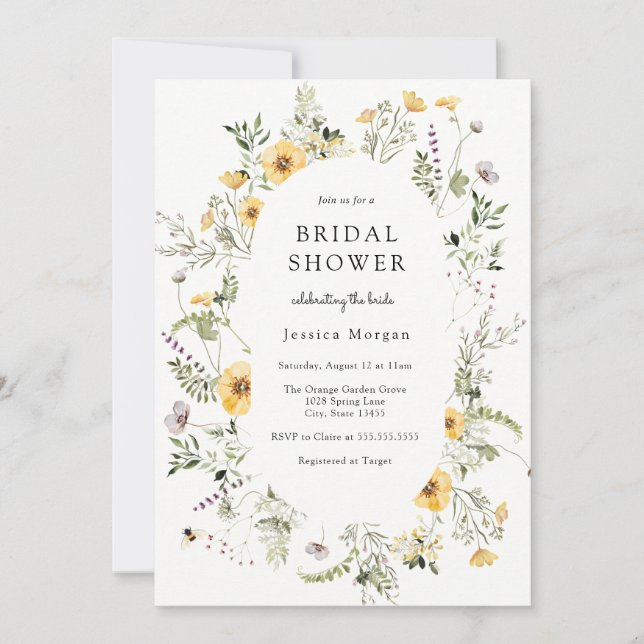 Delicate Yellow Wildflower Bridal Shower Invitation (Front)