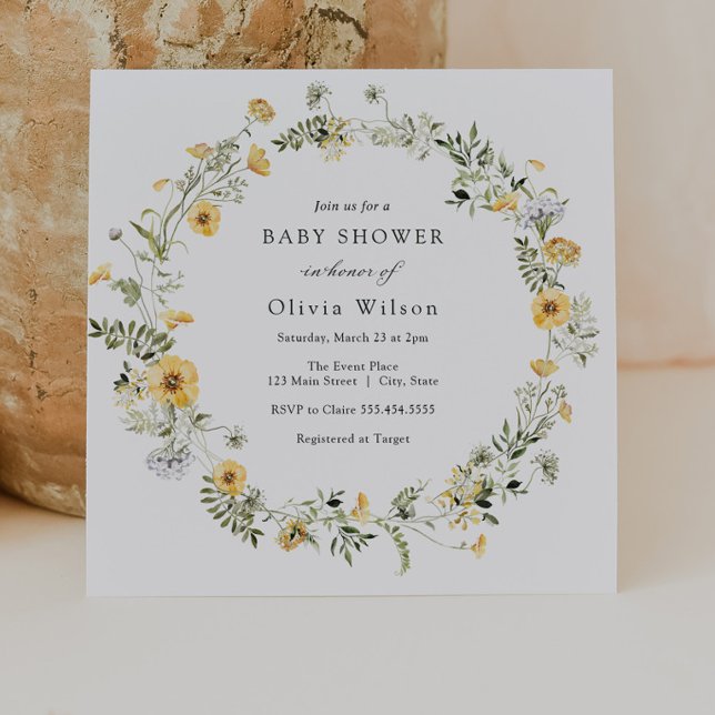 Delicate Yellow Wildflower Wreath Baby Shower Invitation (Creator Uploaded)