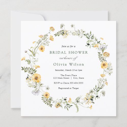 Delicate Yellow Wildflower Wreath Bridal Shower Invitation