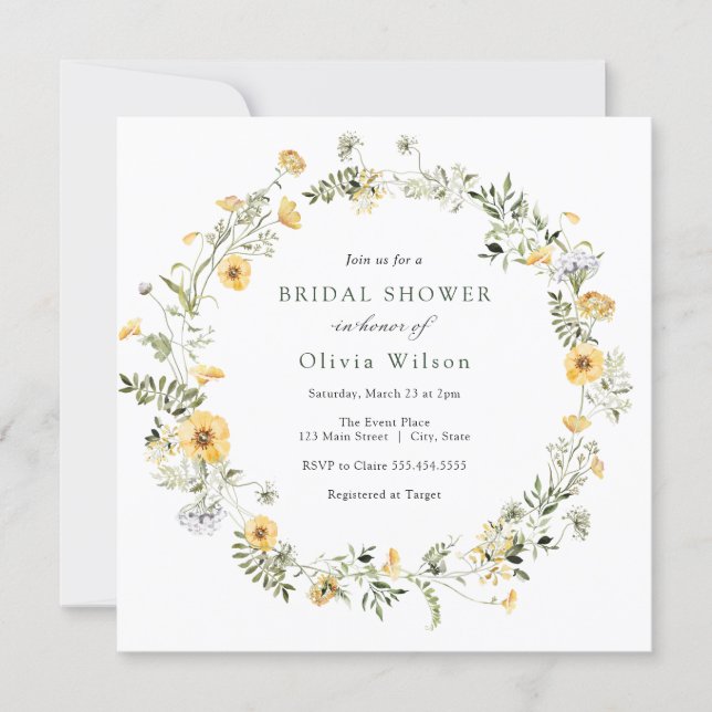 Delicate Yellow Wildflower Wreath Bridal Shower Invitation (Front)