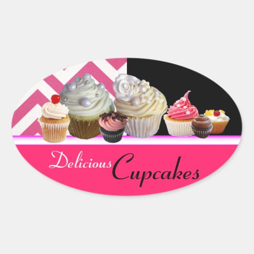 DELICIOUS BIRTHDAY CUPCAKES PINK WHITE CHEVRON OVAL STICKER